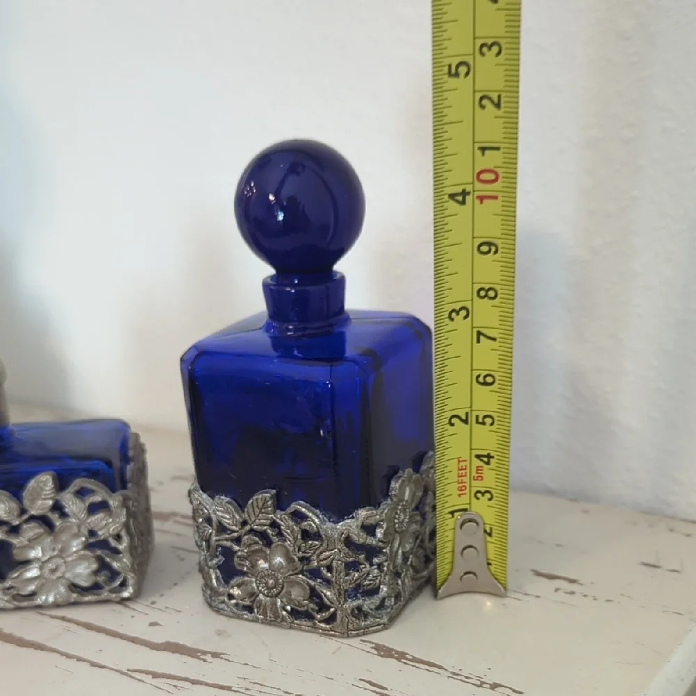 💙 Vintage Cobalt Blue Pewter Refillable Boudoir Perfume Bottles – Set of Two - Picture 8 of 12
